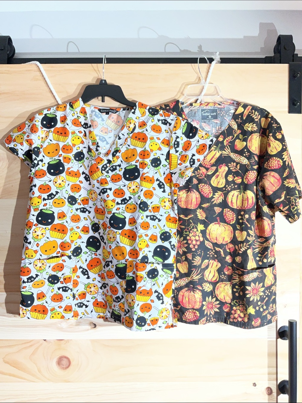 Set of 2 Halloween scrub tops , Small cats fits like a M and  M fall harvest top
